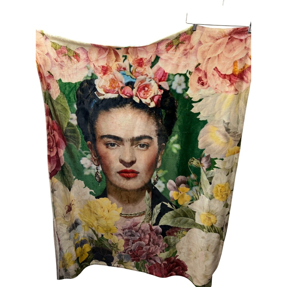 Frida Kahlo Portrait Floral Fleece Throw Blanket‎ Sherpa Back 50x60 Green Pink